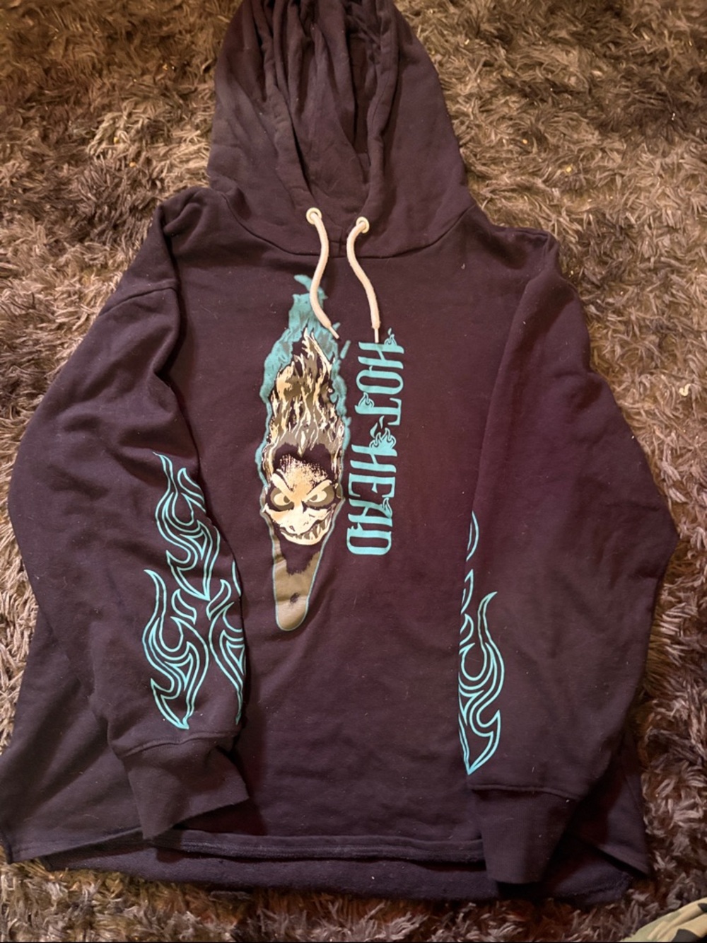 Hot Head- Graphic Hoodie Sweatshirt with Teal Flame Design Large